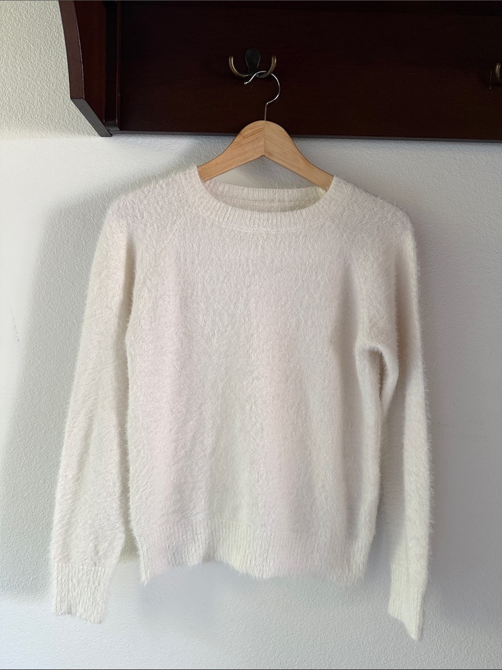 Cozy Crewneck Fuzzy Women's Sweater in Cream Winter White, Size M